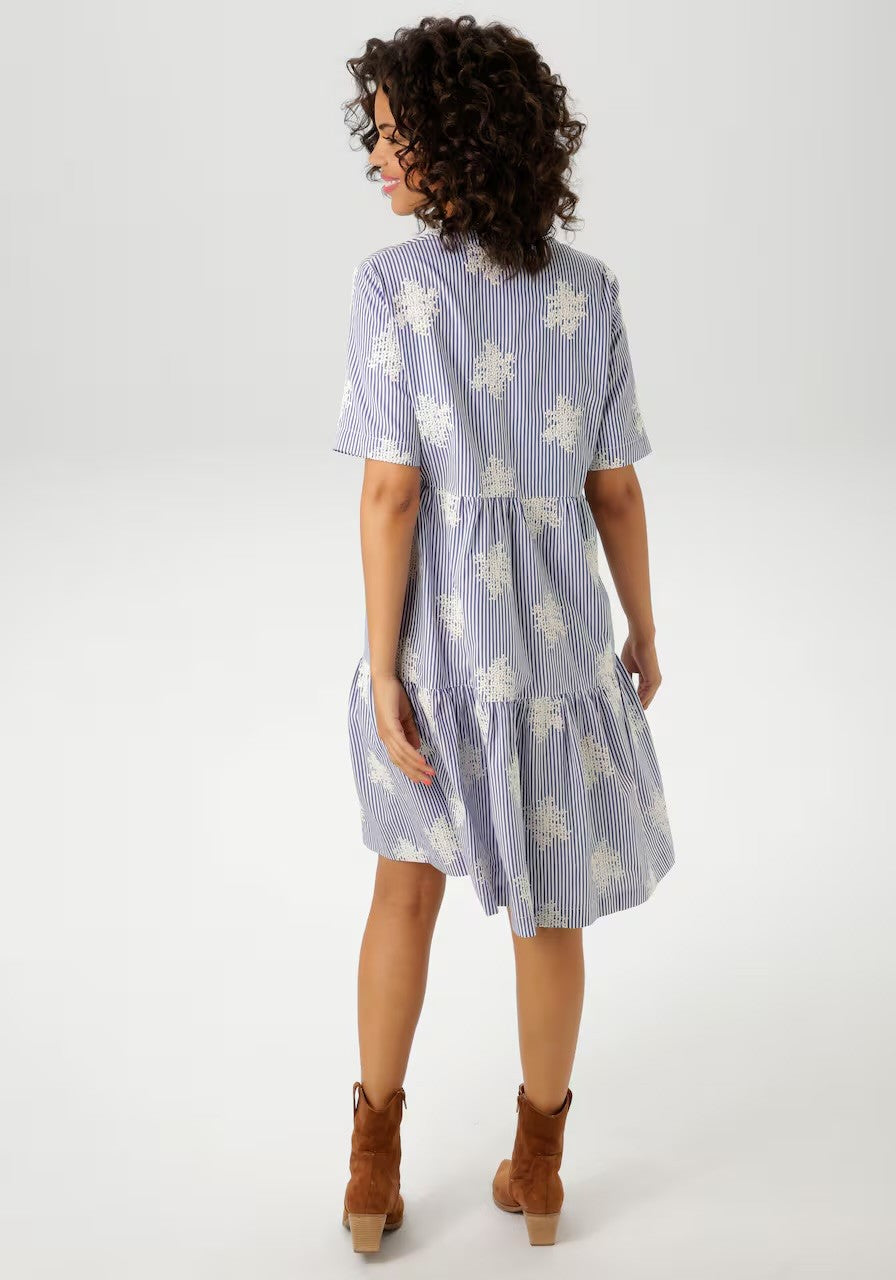 Aniston | Dames | Jurk | Boho stijl | Streep met uniek borduursel | Blauw -Wit