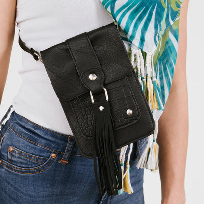 Michelle | Telefoontasje | Crossbody | Effen met croco accent | Franjes | Zwart