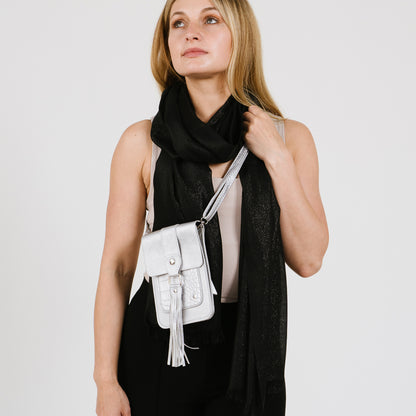 Michelle | Telefoontasje | Crossbody | Effen met croco accent | Franjes | Zilver