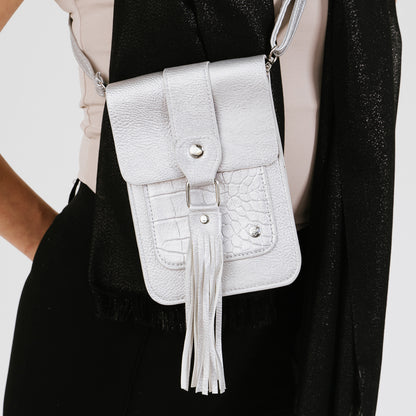 Michelle | Telefoontasje | Crossbody | Effen met croco accent | Franjes | Zilver