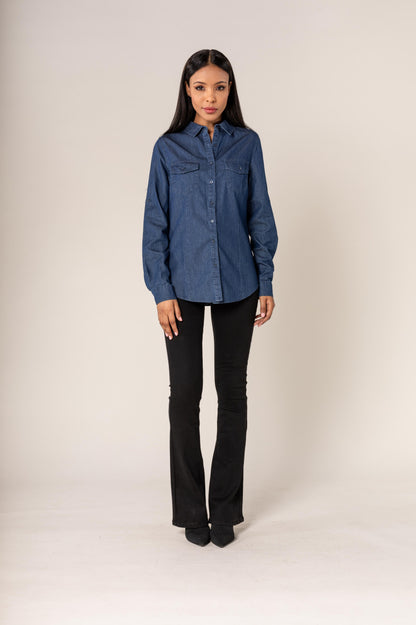 Nina Carter | Dames | Blouse | Blauw - Denim | Dark Denim spijkerblouse
