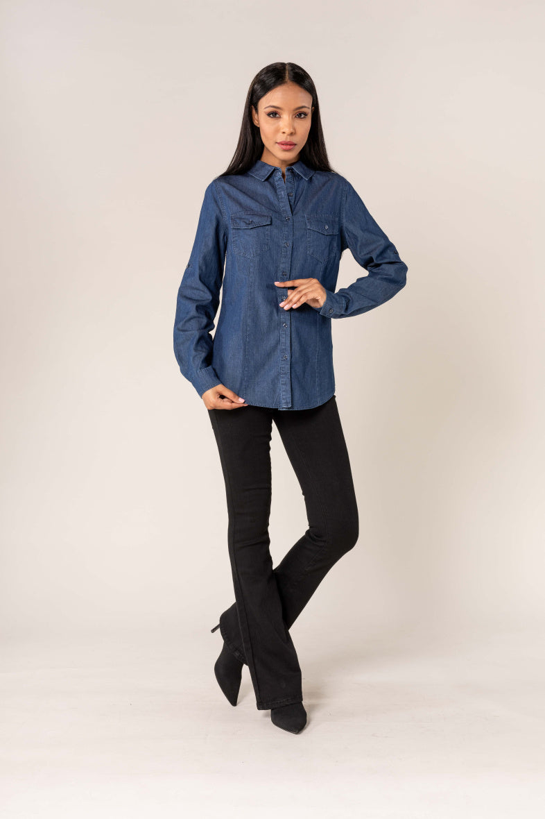 Nina Carter | Dames | Blouse | Blauw - Denim | Dark Denim spijkerblouse