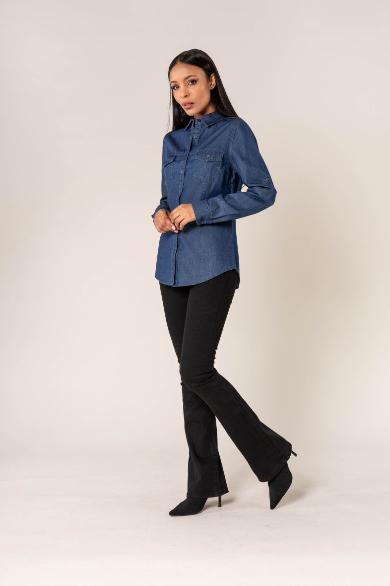 Nina Carter | Dames | Blouse | Blauw - Denim | Dark Denim spijkerblouse