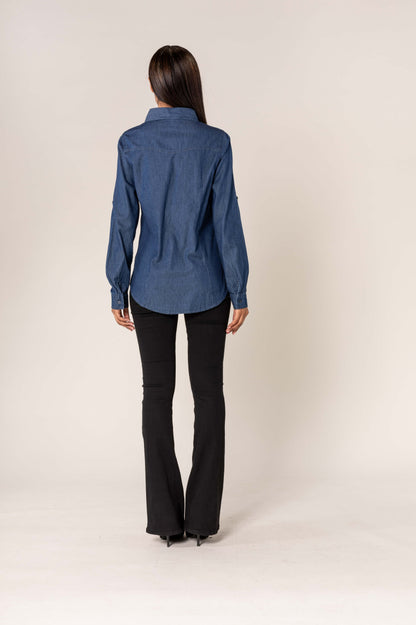 Nina Carter | Dames | Blouse | Blauw - Denim | Dark Denim spijkerblouse