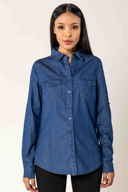 Nina Carter | Dames | Blouse | Blauw - Denim | Dark Denim spijkerblouse