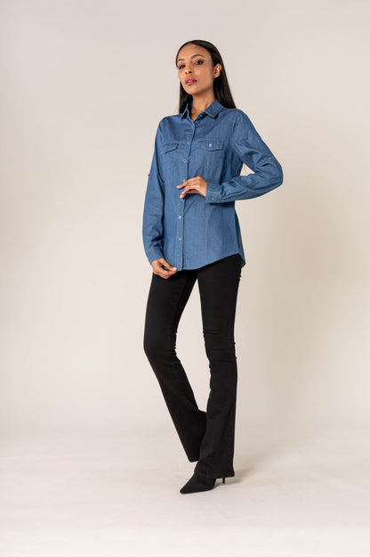 Nina Carter | Dames | Blouse | Blauw - Denim | Denim Blue