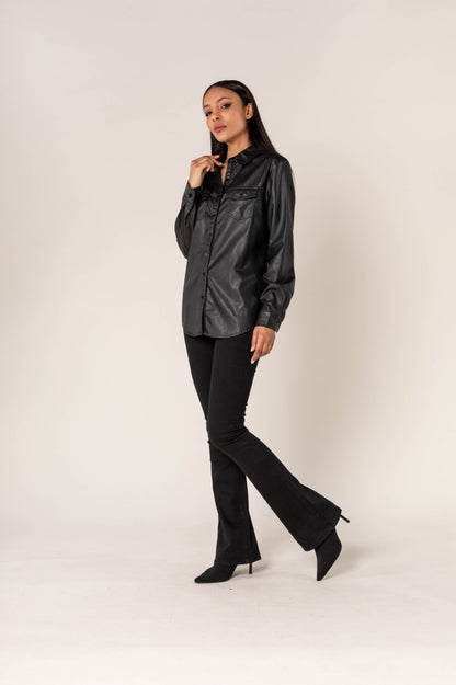 Nina Carter | Dames | Blouse | Leather Look Leer | Zwart