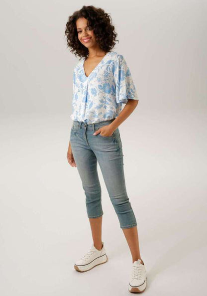 Aniston | Dames | Blouse | Soepelvallend | Bloemenprint | Blauw - wit