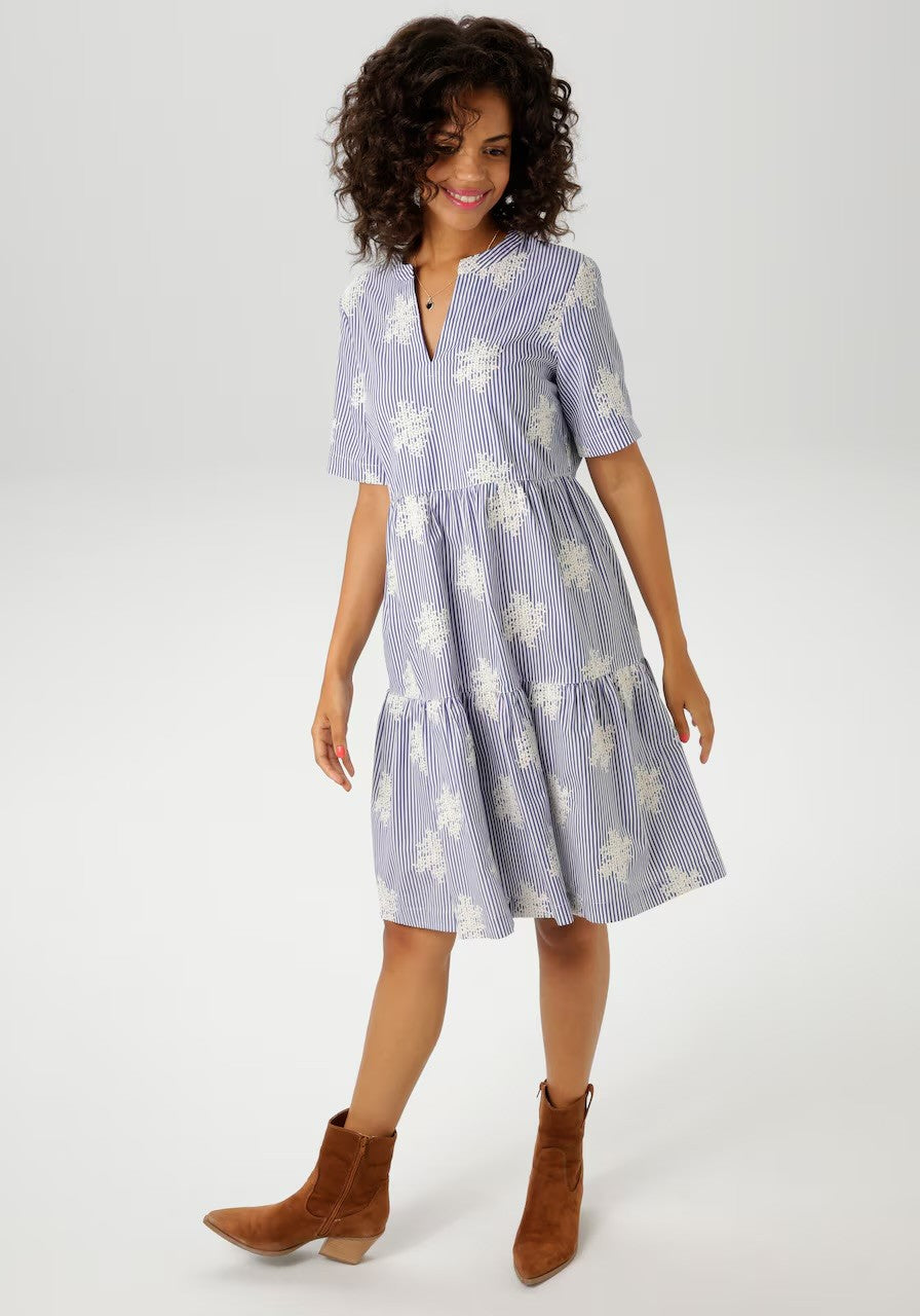 Aniston | Dames | Jurk | Boho stijl | Streep met uniek borduursel | Blauw -Wit