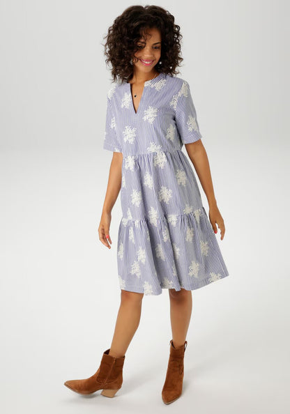 Aniston | Dames | Jurk | Boho stijl | Streep met uniek borduursel | Blauw -Wit