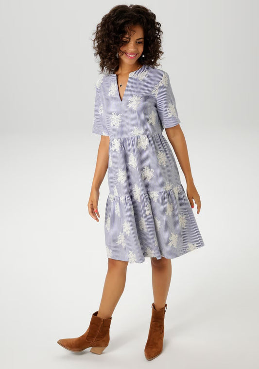 Aniston | Dames | Jurk | Boho stijl | Streep met uniek borduursel | Blauw -Wit