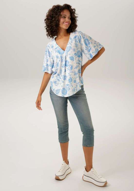 Aniston | Dames | Blouse | Soepelvallend | Bloemenprint | Blauw - wit