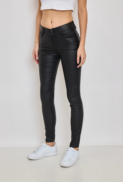 I Dodo | Dames | "Leren " Coated slim pants | High waist | Zwart