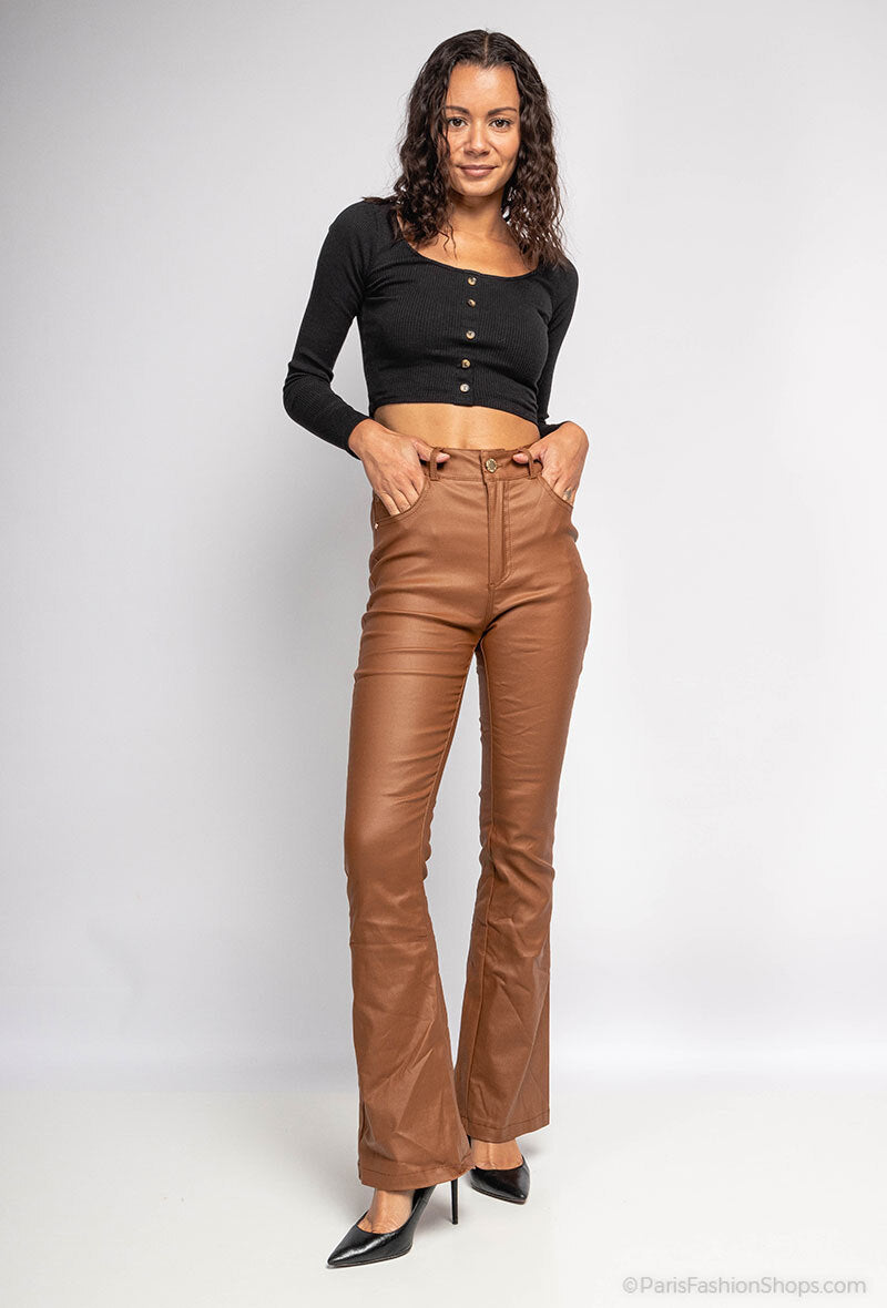 Girl Vivi | Dames | Coated Leren - Flared pants | Camel