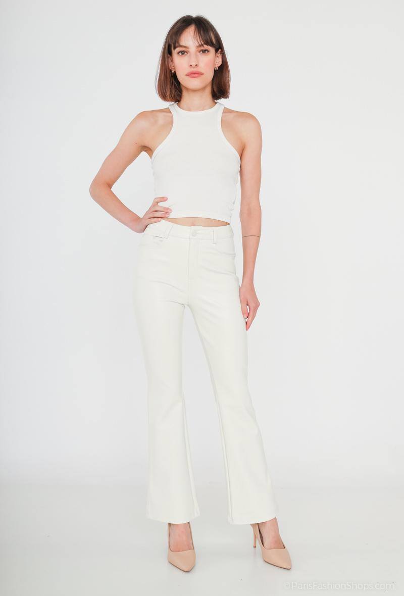 Softy Paris | Dames | Coated Leren - Flared pants | Creme | 7/8 Enkellengte