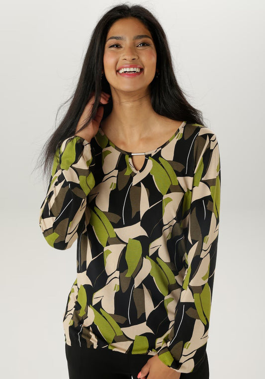 Aniston | Dames | Jersey top | Bladmotief | Meerkleurig | Metalen detail