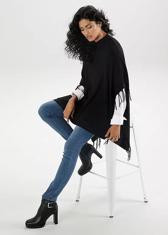 Aniston | Dames | Poncho | Zwart | Fijn breisel