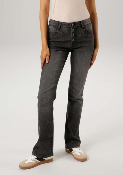 Aniston | Dames | Bootcut FLared Jeans | Black washed | Knoopsluiting