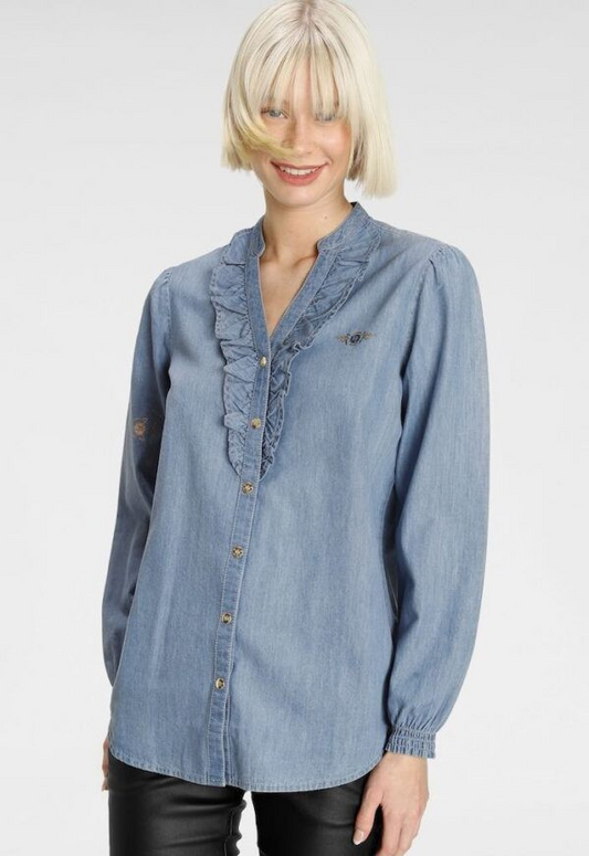Tom Tailor | Dames | Denim shirt met pofmouwtje en ruffle kraagje
