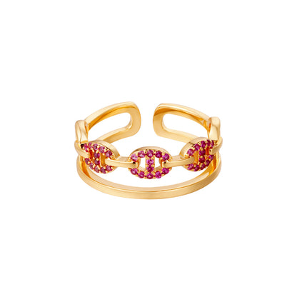 Yehwang | Ring | Duo ring | Roze steentjes | Goudkleurig